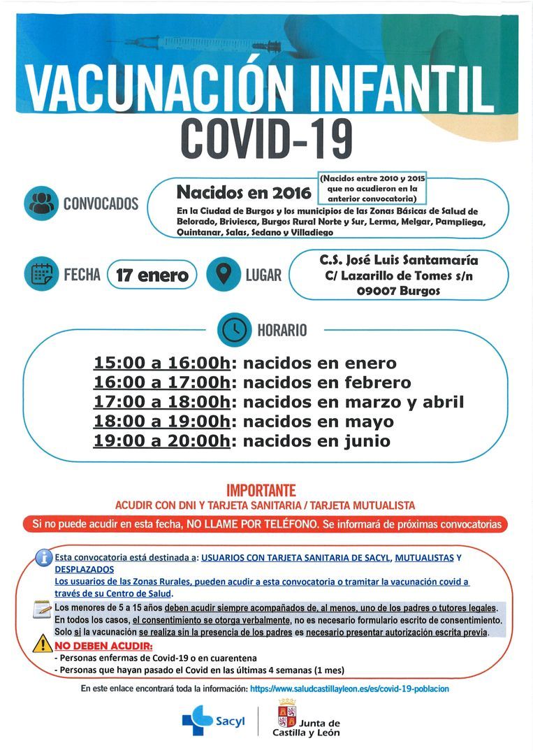 VACUNACION COVID INFANTIL. NACIDOS DE ENERO A JUNIO DE 2016