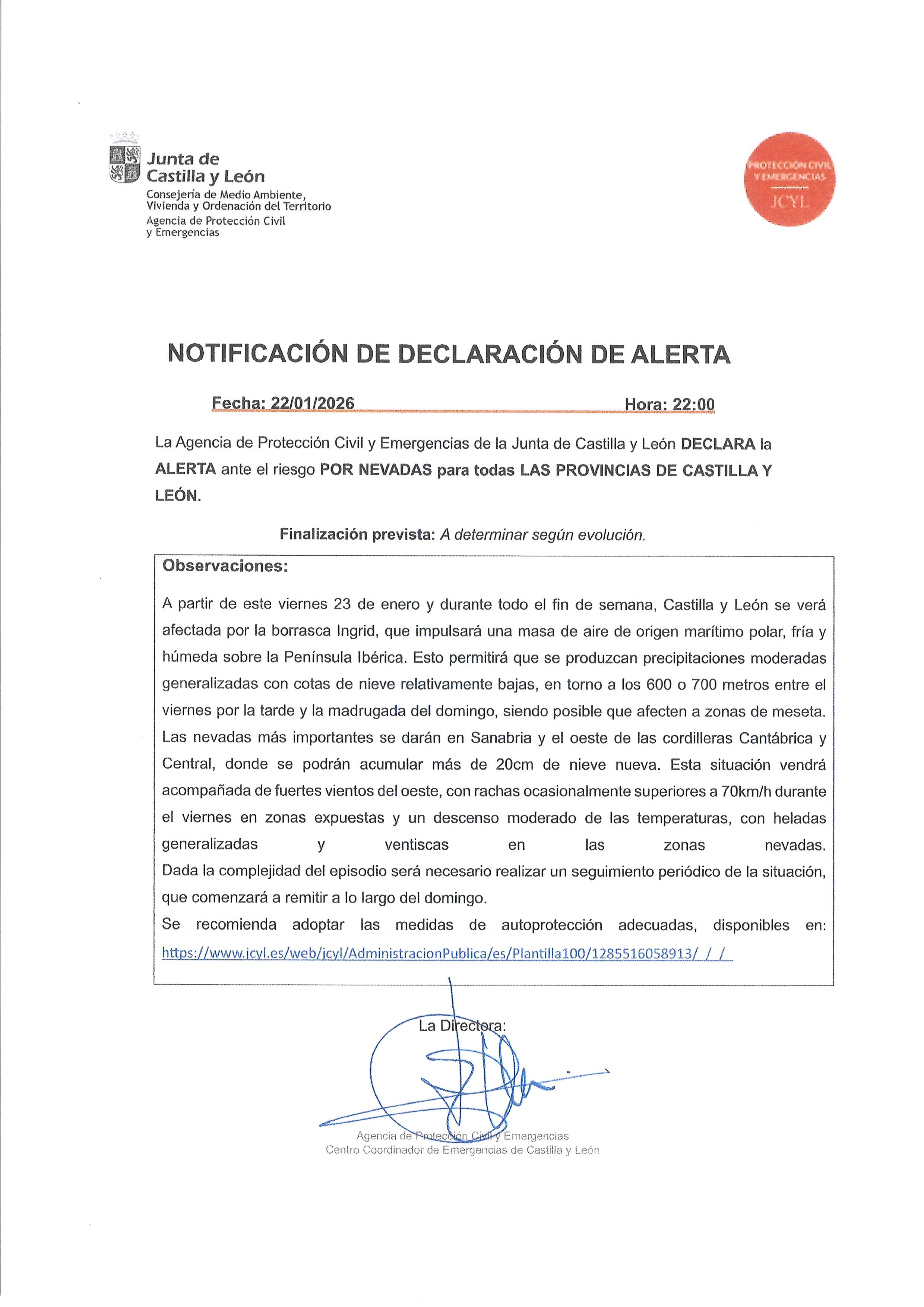 DECLARACION DE ALERTA POR NEVADAS